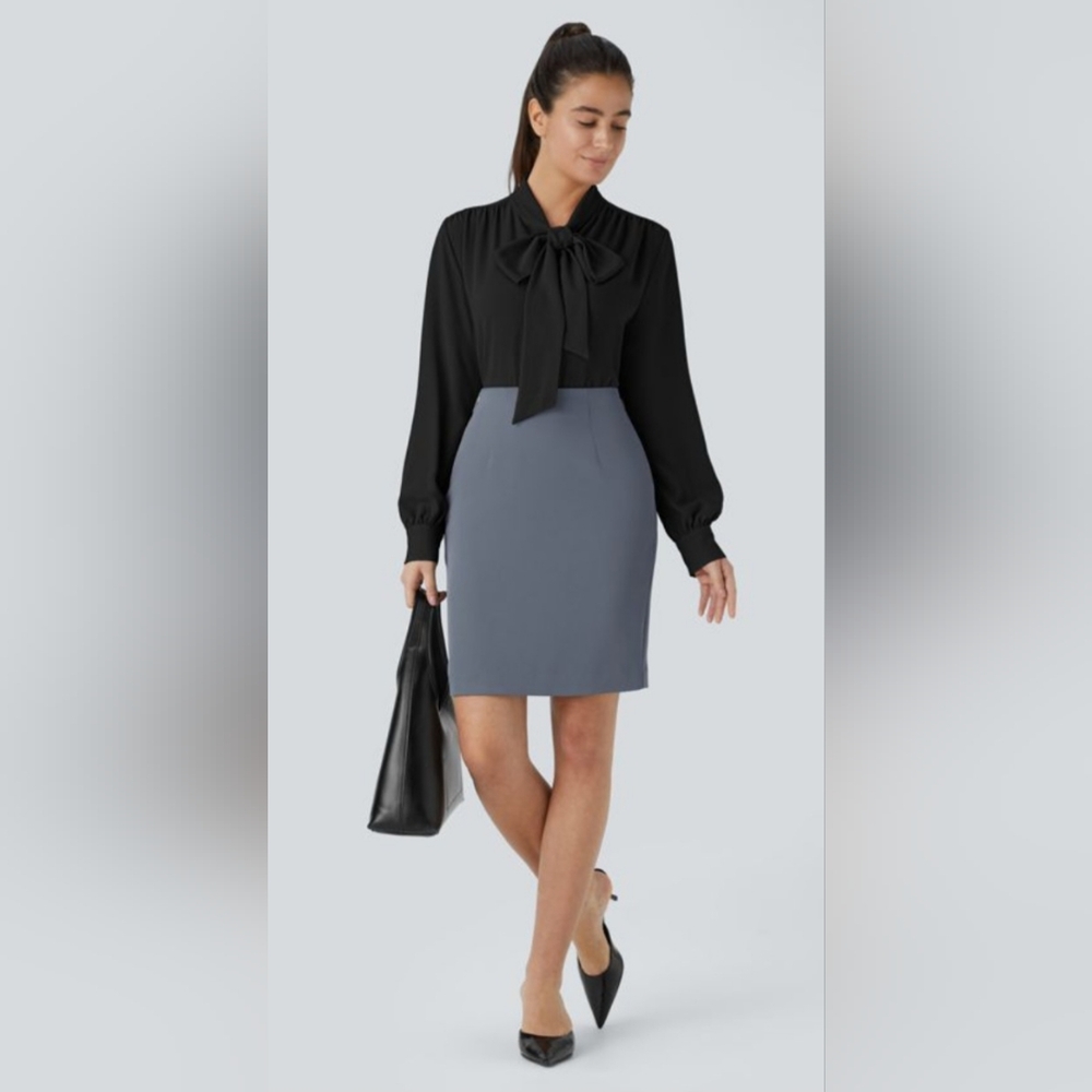 NWT HALARA Black Tie Neck Long Sleeve Button Blouse (Size: S)